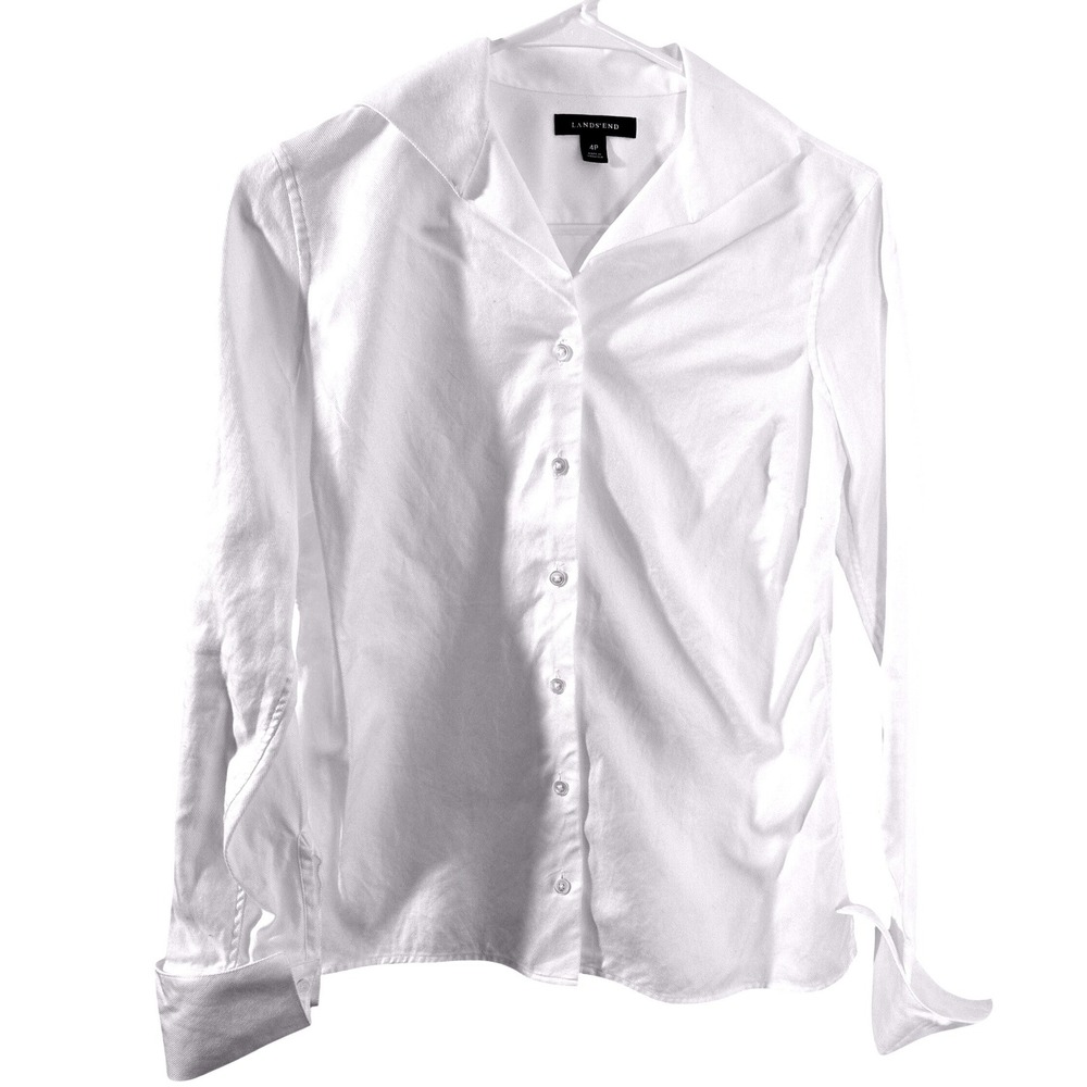 Lands End Womens White 100% Cotton Twill Button Down Shirt Blouse 4P Petite